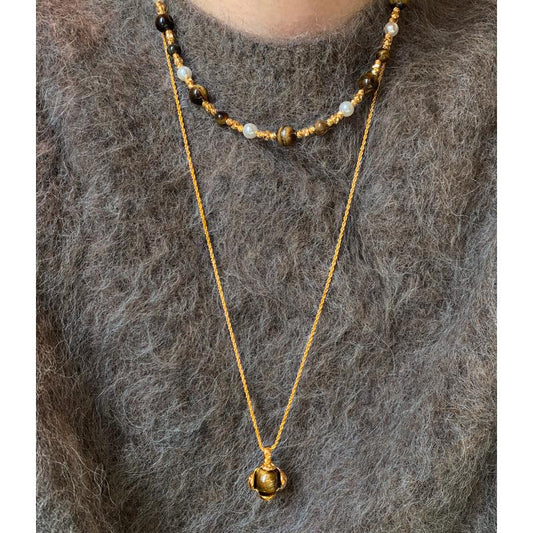 Natural tiger's eye stone, brown 2025 new light luxury stacked necklace neck chain