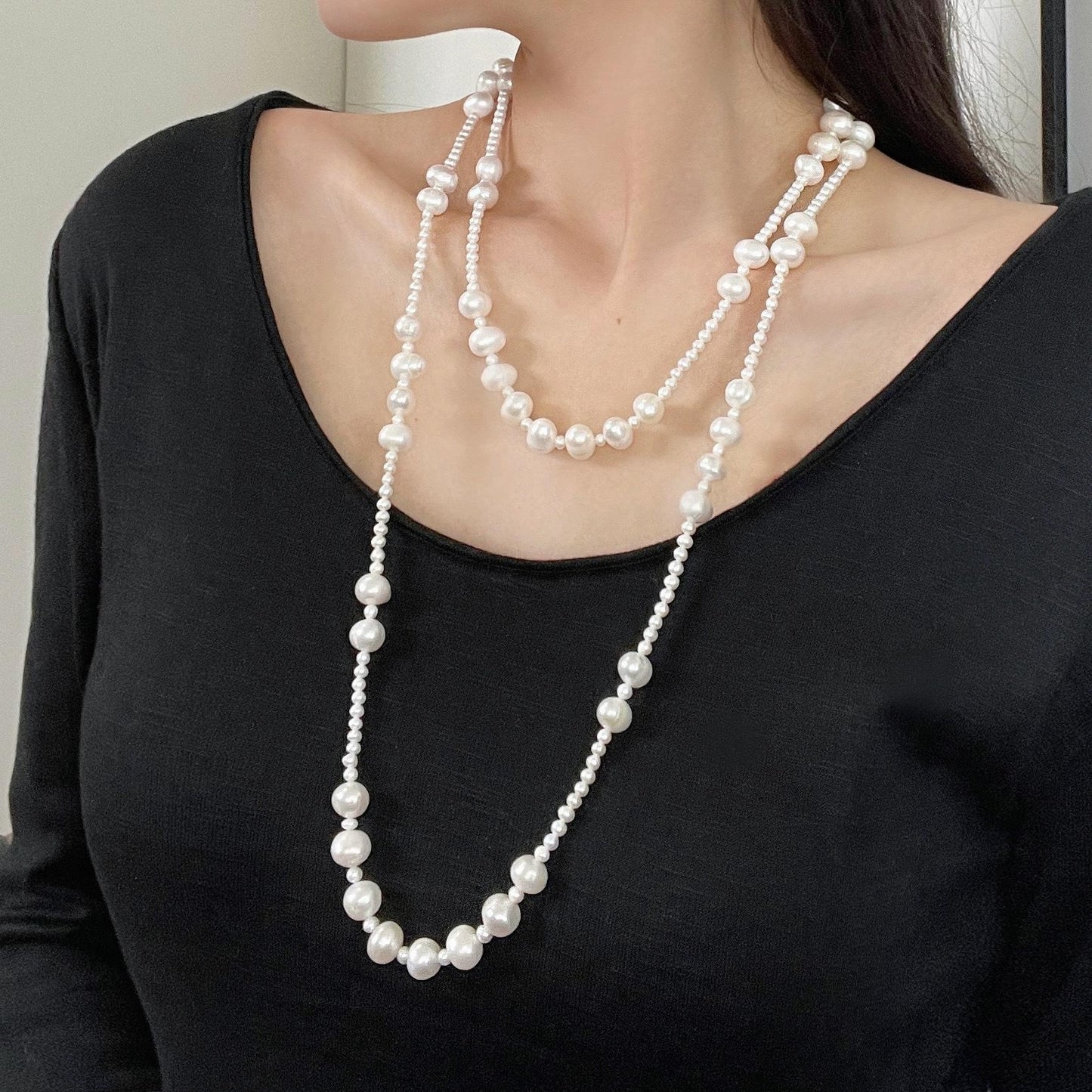5–6mm Natural Freshwater Pearl Long Necklace – 120cm Chanel-Inspired Sweater Chain, Elegant Beaded Design for Women