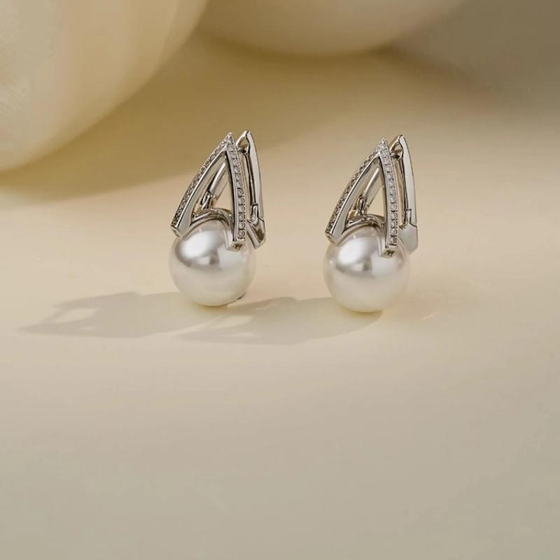 14mm White Pearl Earrings Set Gift Bead Pearl Micro Diamond Studs Elegant Women Jewelry Trendy Accessories Luxury Design High Quality Fashion Ear Cuff