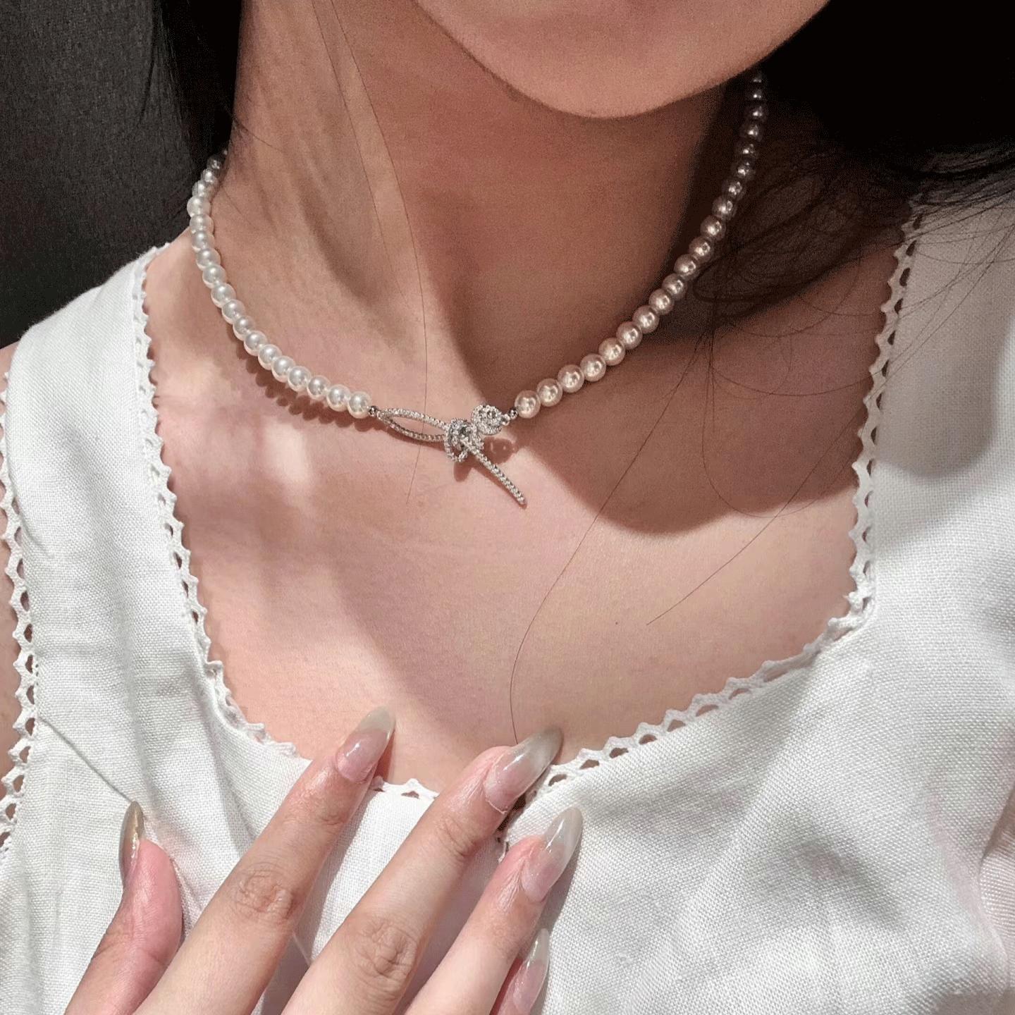 White & Gray Baby Pearl Necklace with Bow – 4mm 6mm 8mm Pearl Chain, Elegant Gift for Girls, Girlfriend & Wedding