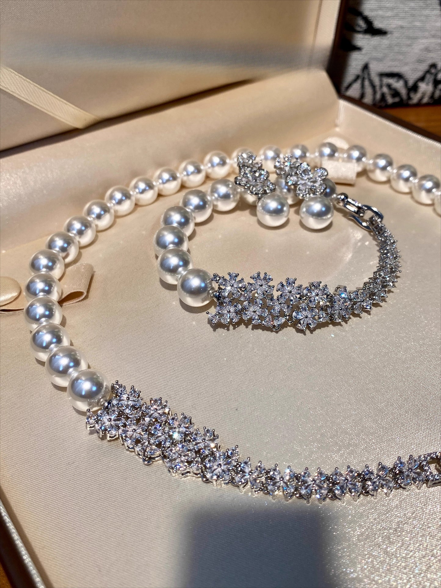 Mother's Day Gift: Elegant Pearl Necklace & Bracelet Set | Crystal Floral Luxury Statement Jewelry for Parties & Gifts