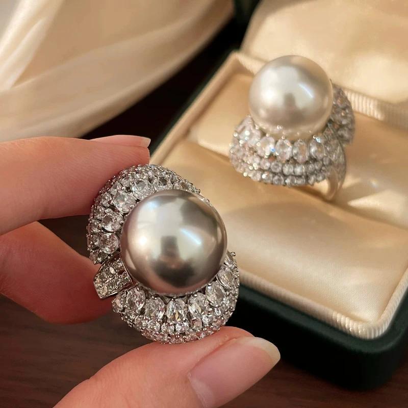 Luxury 16mm Big White Shell Pearl Ring for Women Bling  Zircon Inlaid  Ring Glamorous Pigeon Egg Finger Ring Jewelry Gift