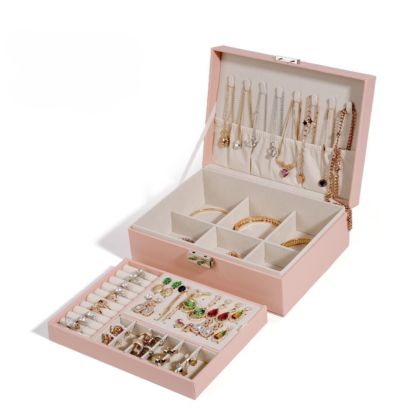 Double Jewelry Box Storage Box, Ring Necklace Jewelry Storage Box PU Leather Jewelry Storage Box with Lock