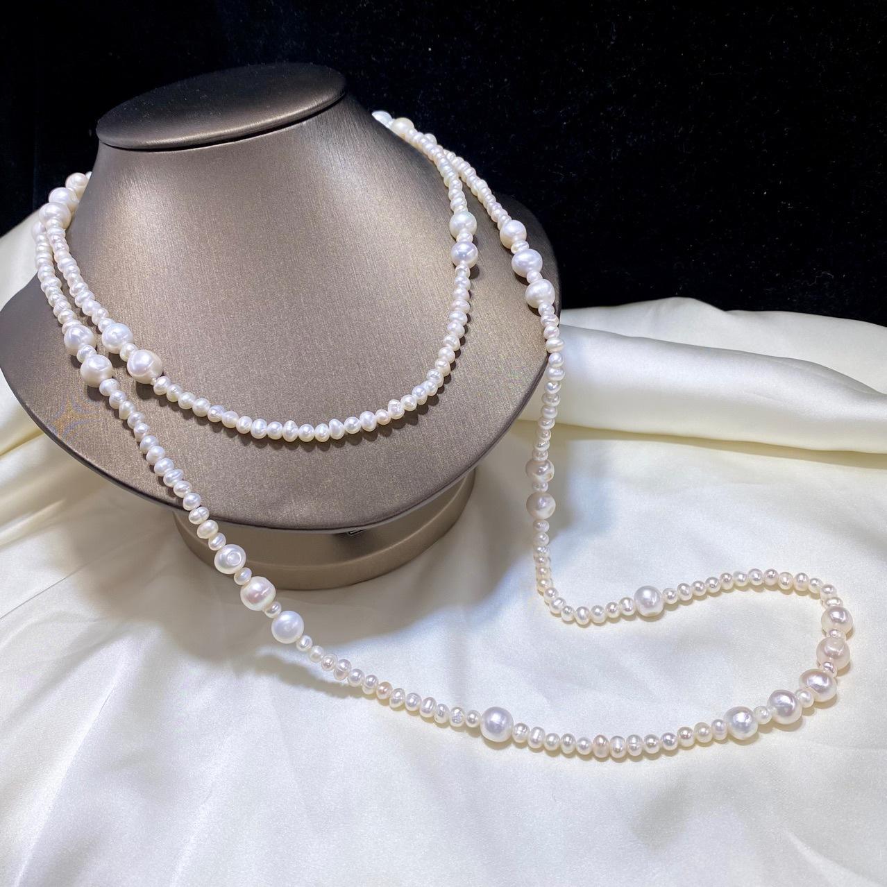 5–6mm Natural Freshwater Pearl Long Necklace – 120cm Chanel-Inspired Sweater Chain, Elegant Beaded Design for Women