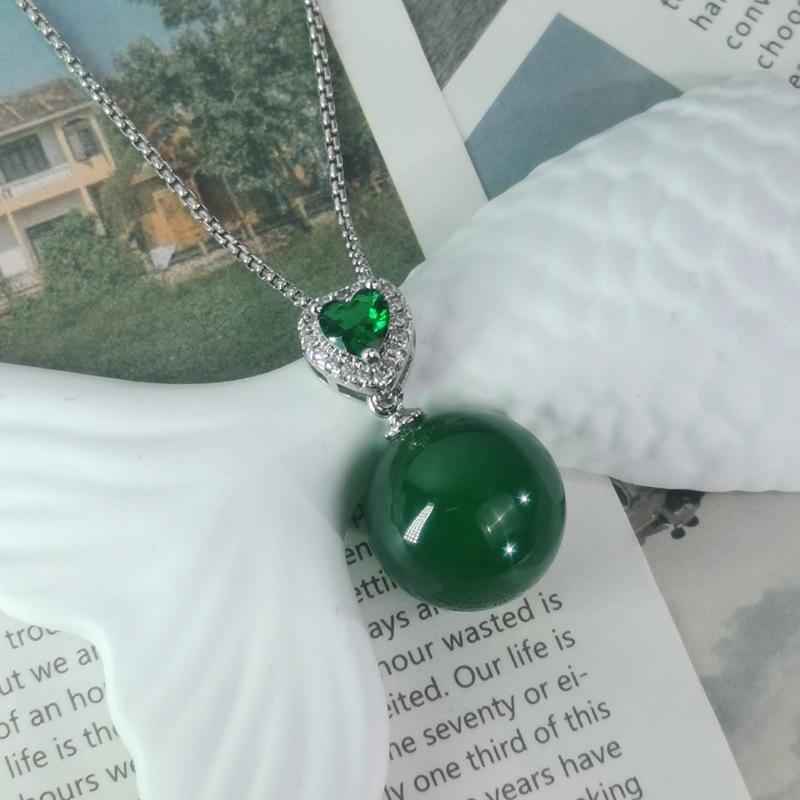 Green Chalcedony Jewelry Set – Pendant Necklace & Drop Earrings with Zircon, Elegant Party Statement Set for Women