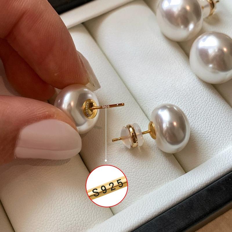 Stunning 925 Silver Pearl 12mm 14mm 16mmStud Earrings for Women Luxury Gift Trendy Flat Round Design Hypoallergenic Ear Accessories