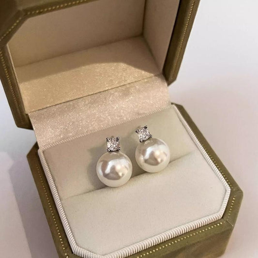 White Pearl Earrings, Stud Earrings, Super Sparkling Single Diamond Earrings 12mm 14mm Earrings, Jewelry Set, Birthday Gift, Mother's Day Gift.