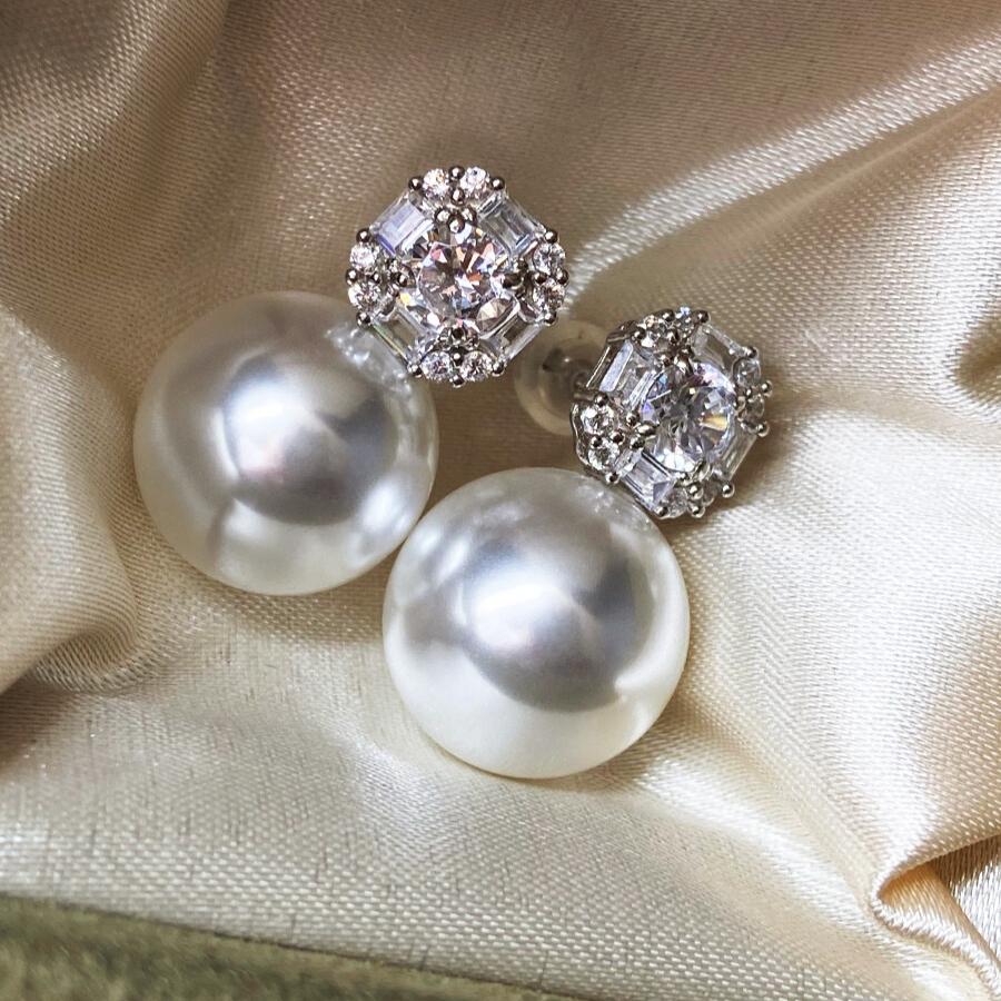 Small Sugar Cube Pearl Stud Earrings Premium Sense Silver Needle Super Flash Large Classic Earrings 12mm