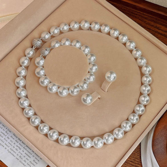12Mm cold white, pearl decorative necklace + bracelet + stud earrings, Jewelry set, magnetic button, suitable for parties, graduations, birthday gifts, Mother's Day gifts, length 45cm