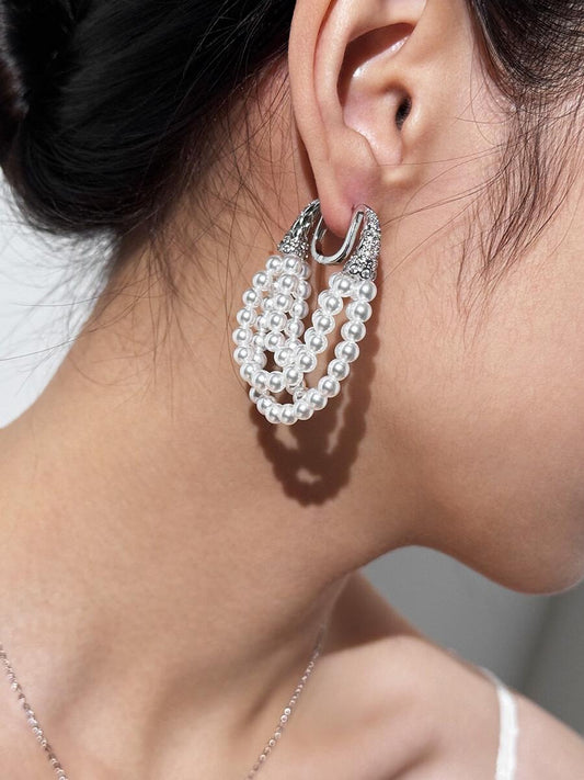 Multi-layer stacked pearl earrings women's vintage elegant Muse four-layer/five-layer small rice bead fringed stud earrings