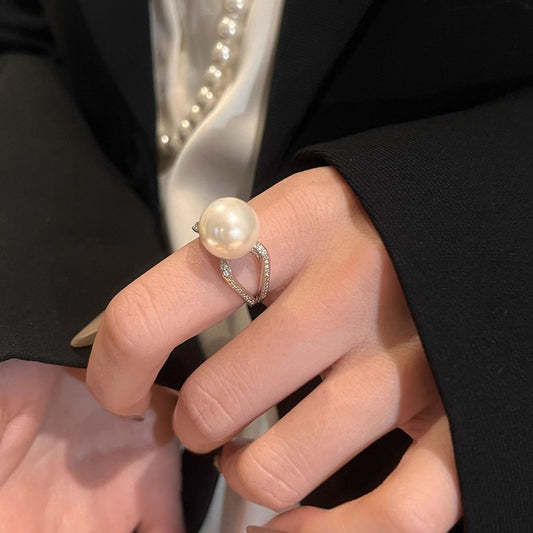 Luxury Style Version  Pearl & Zircon Open Ring – Women’s Adjustable High-End Diamond-Set Jewelry