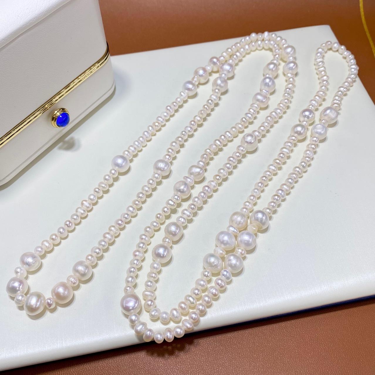 5–6mm Natural Freshwater Pearl Long Necklace – 120cm Chanel-Inspired Sweater Chain, Elegant Beaded Design for Women