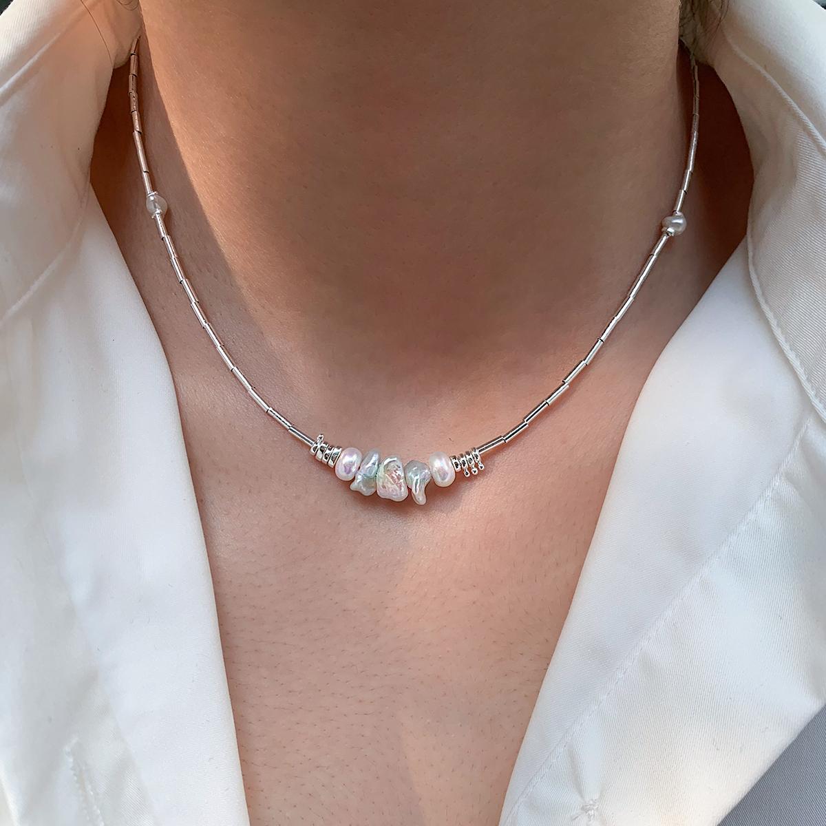 925 Sterling Silver Natural Baroque Irregular Pearl Necklace Women's Summer Unique Temperament High Art Frame Necklace