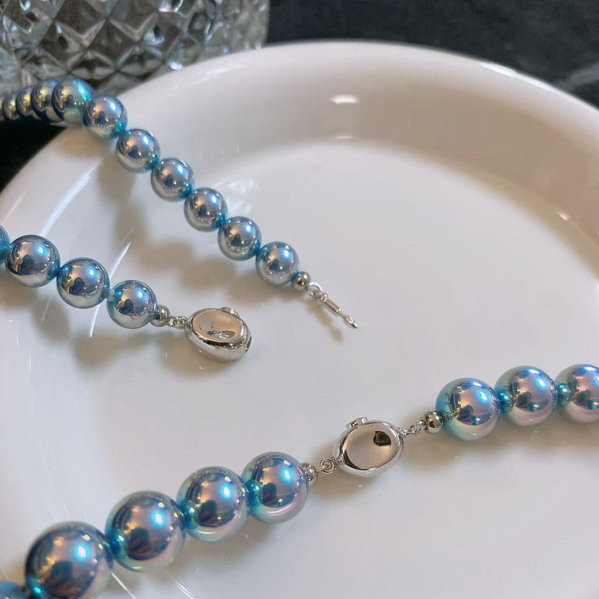 Ocean Blue Pearl Necklace 8mm 10mm 12mm for Women Birthday Gift Party Clavicle Chain Stunning Accessory