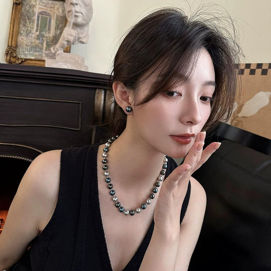Tahitian black pearl necklace female, light luxury niche mixed color high-end neck chain