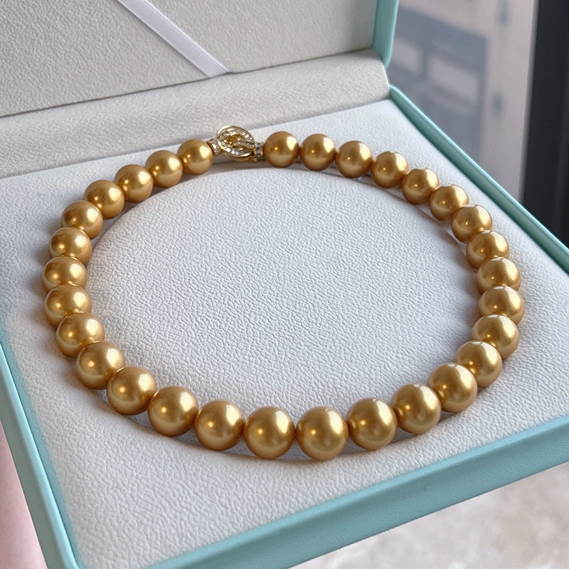Nanyang Gold Bead Pearl Necklace for Women | 14mm High-End Light Luxury | 2025 New Trend | Large Niche Gold Necklace