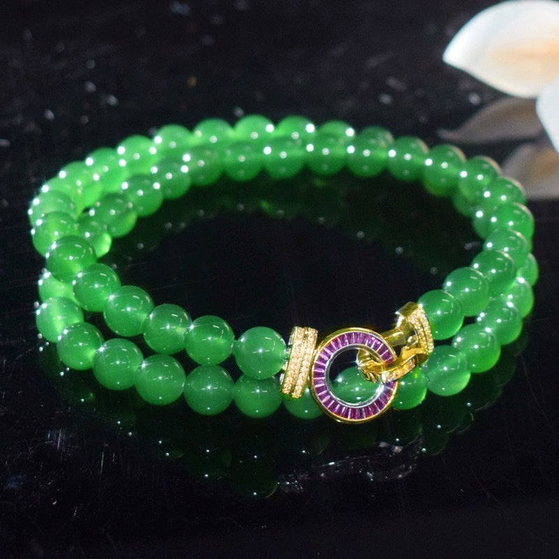 Natural Green Chalcedony Bead Necklace & Bracelet Set – Minimalist Luxury Layered Jewelry for Women
