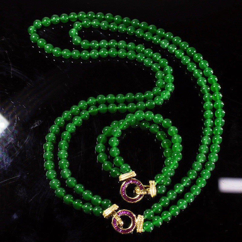Natural Green Chalcedony Bead Necklace & Bracelet Set – Minimalist Luxury Layered Jewelry for Women