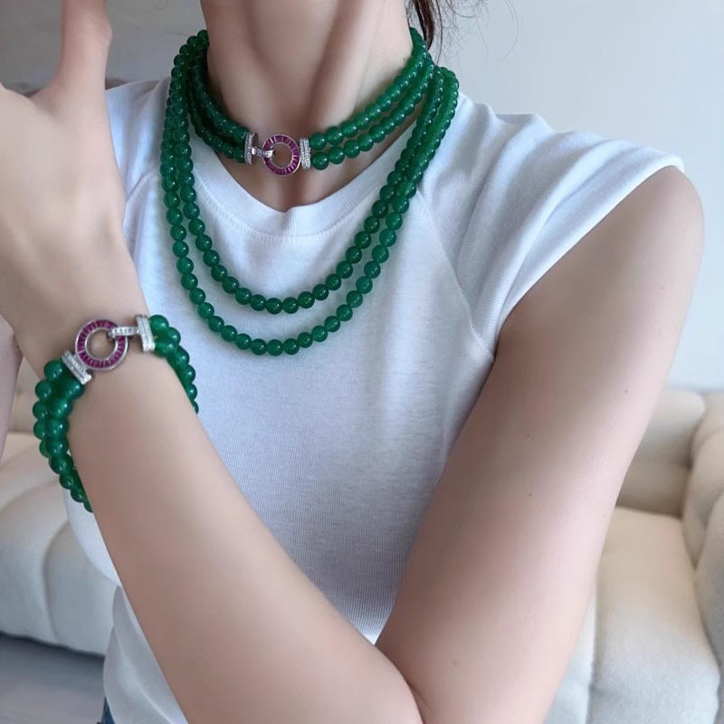 Natural Green Chalcedony Bead Necklace & Bracelet Set – Minimalist Luxury Layered Jewelry for Women