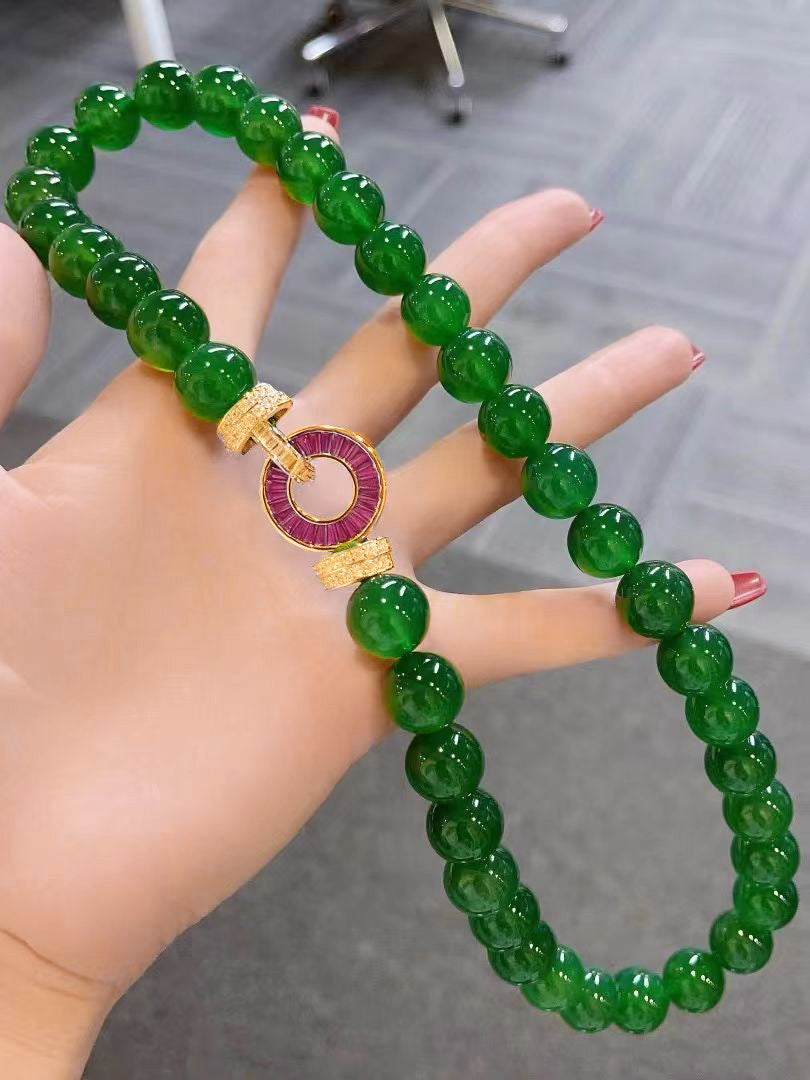 Natural Green Chalcedony Bead Necklace & Bracelet Set – Minimalist Luxury Layered Jewelry for Women