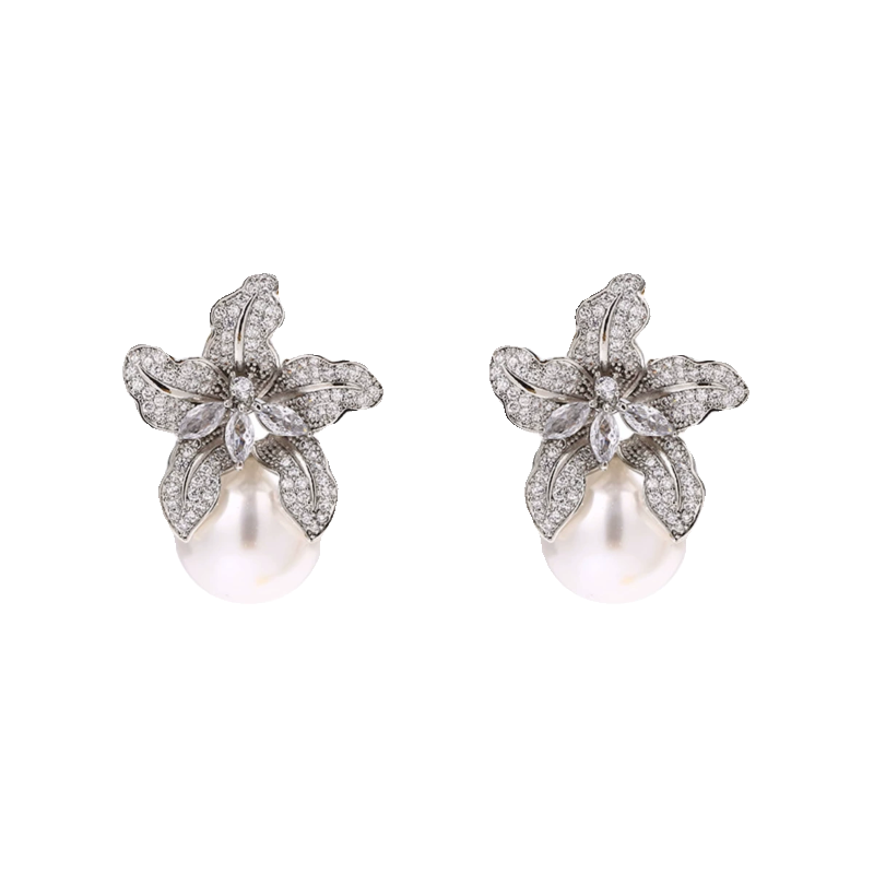 French Light Luxury Full Diamond Zircon Flower Pearl Earrings for Women | Retro Exquisite Design | High-End Earrings