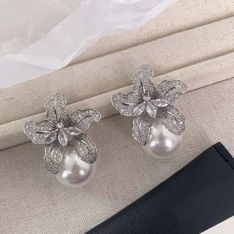 French Light Luxury Full Diamond Zircon Flower Pearl Earrings for Women | Retro Exquisite Design | High-End Earrings