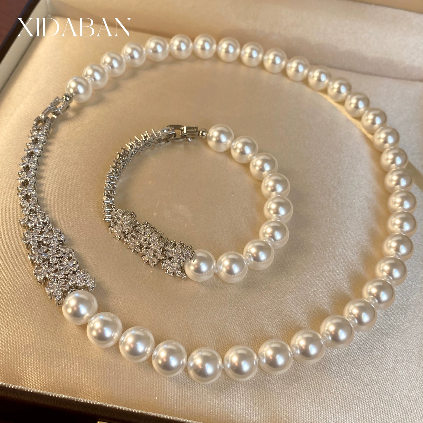 Mother's Day Gift: Elegant Pearl Necklace & Bracelet Set | Crystal Floral Luxury Statement Jewelry for Parties & Gifts