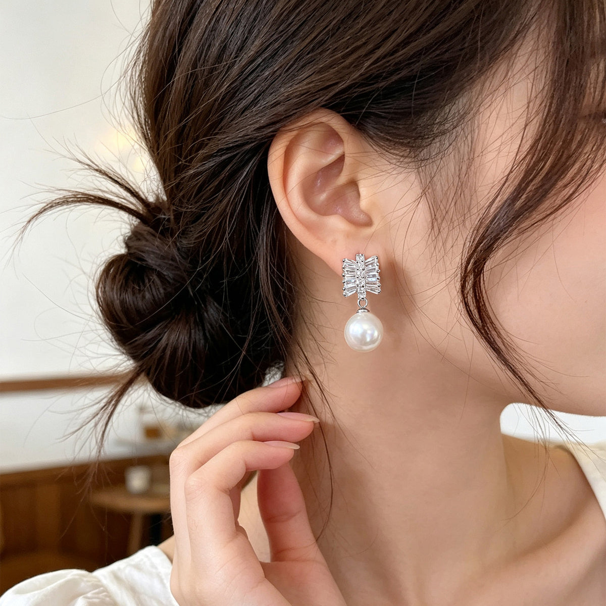 Aurora Crystal Bow Pearl Drop Earrings