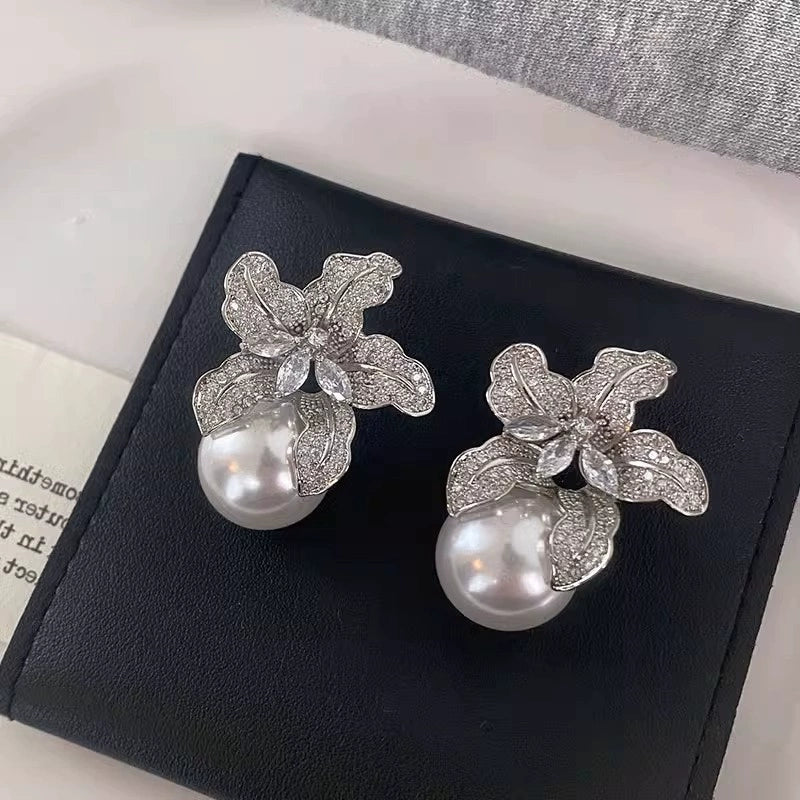 French Light Luxury Full Diamond Zircon Flower Pearl Earrings for Women | Retro Exquisite Design | High-End Earrings
