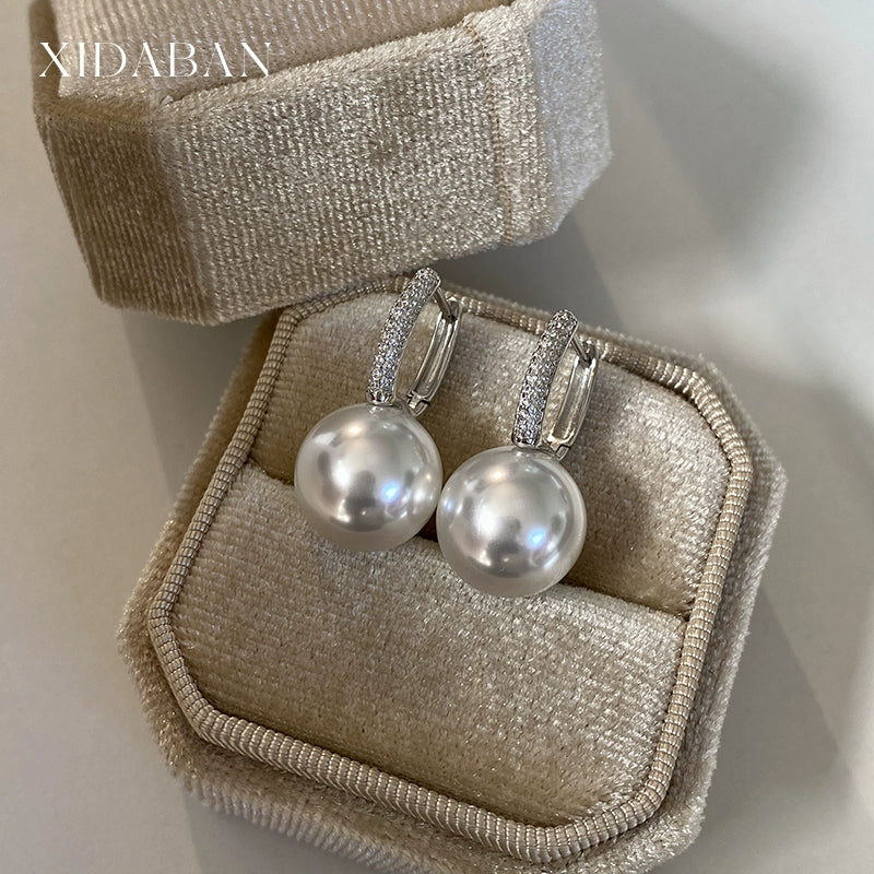 Elegant French Style Pearl Drop Earrings - S925 Sterling Silver | Classic & Versatile Dangle Hoops with Cubic Zirconia