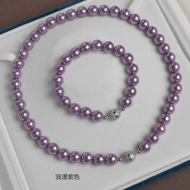 锆石磁吸扣简约珍珠项链手链套装 时尚简便佩戴颈链深海贝珠 生日礼物
