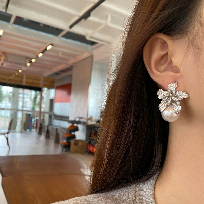 French Light Luxury Full Diamond Zircon Flower Pearl Earrings for Women | Retro Exquisite Design | High-End Earrings