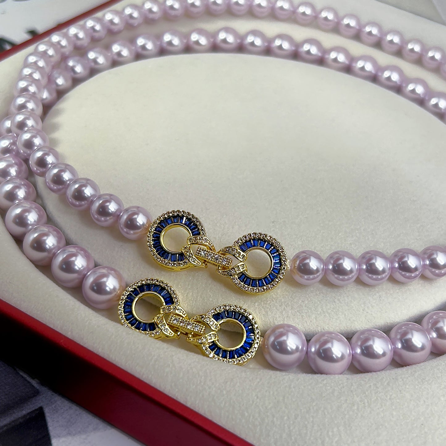 Premium T square blue zircon link tower buckle pearl necklace bracelet set sweater chain fashionable and atmospheric collarbone chain