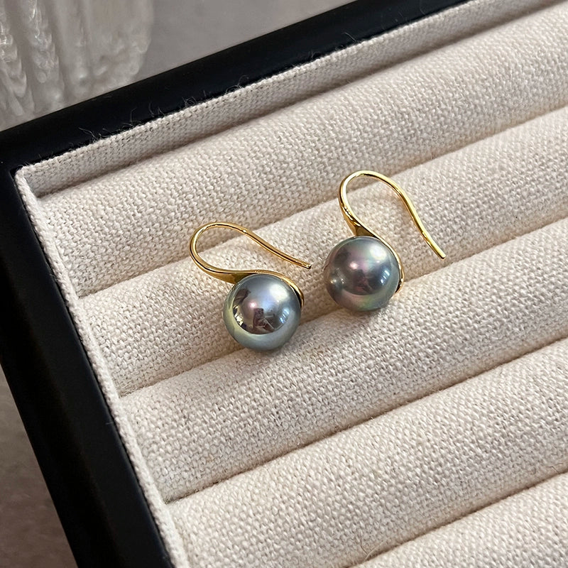 Tahitian Malachite Green Pearl Ear Hook Stud Earrings | 2025 Trendy Hemp Gray Design | High-End Women's Jewelry