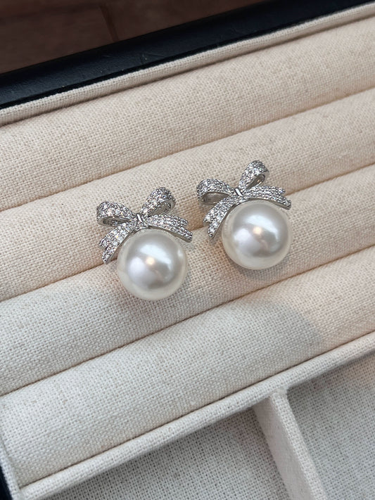 Bow pearl stud earrings women's 2025 new popular Aobai 12mm high-end light luxury texture temperament sterling silver