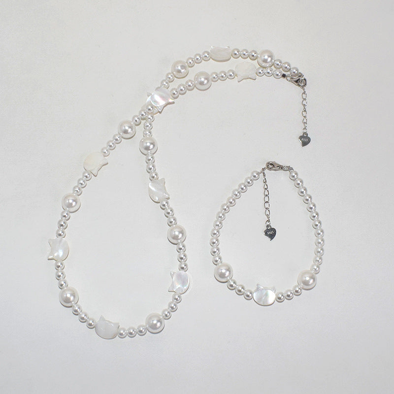 S925 Sterling Silver White Butterfly Shell White Cat Pearl Necklace Bracelet Fashion Mother Shell Necklace
