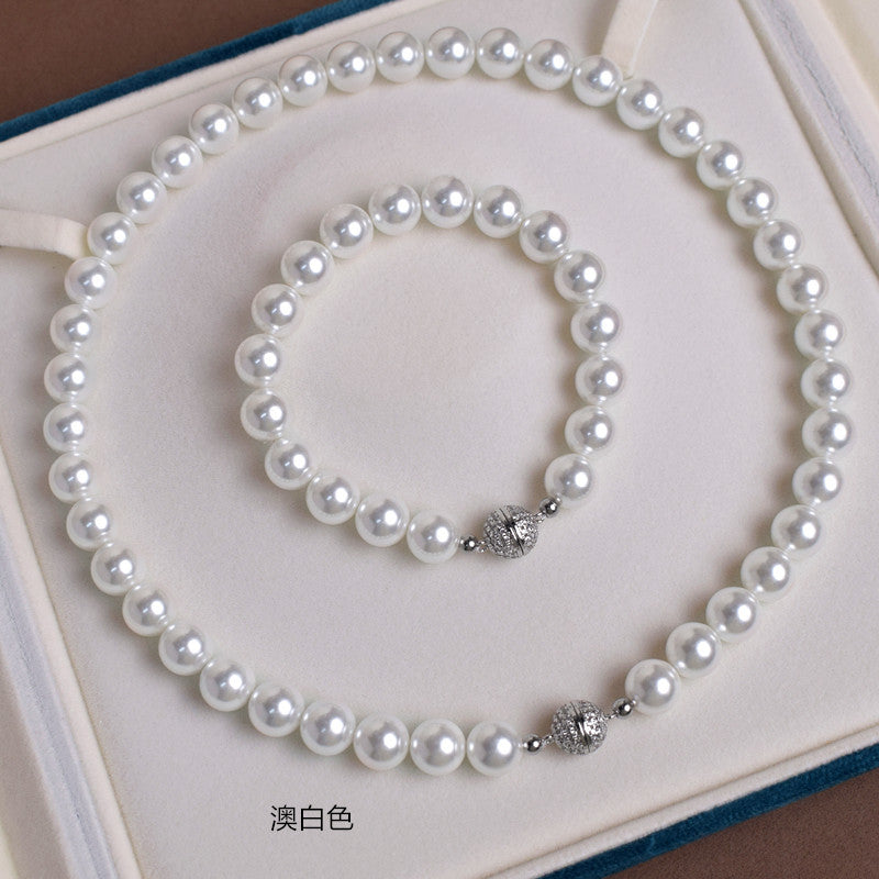 锆石磁吸扣简约珍珠项链手链套装 时尚简便佩戴颈链深海贝珠 生日礼物