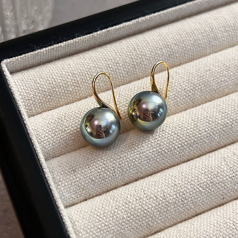 Tahitian Malachite Green Pearl Ear Hook Stud Earrings | 2025 Trendy Hemp Gray Design | High-End Women's Jewelry