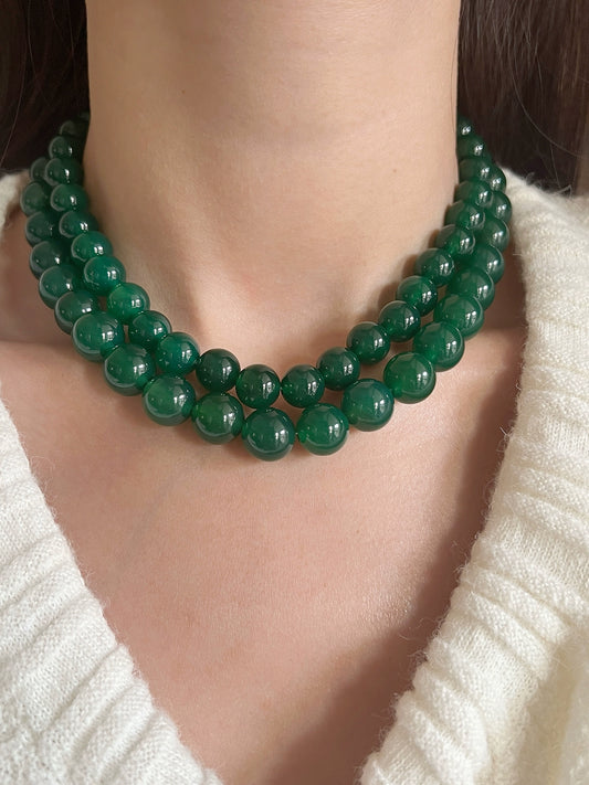 Green Chalcedony Bead Necklace – Natural Green Gemstone Necklace with 925 Sterling Silver Clasp, Elegant Women’s Jewelry