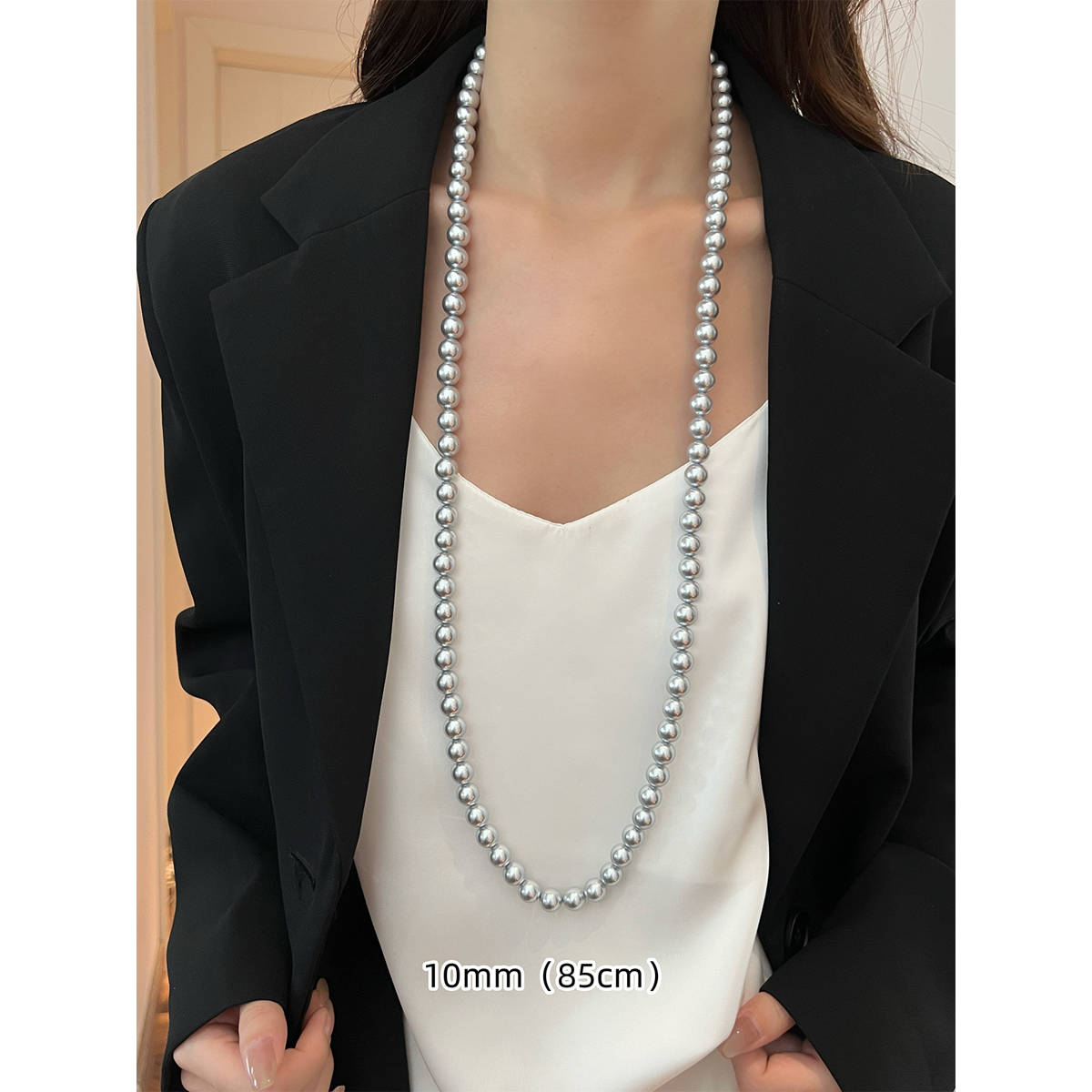 Maduo Hemp Gray Pearl Necklace – 10mm  Women's Sweater Chain, Stacked Neck Chain Accessories