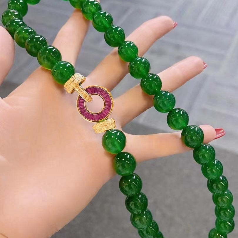 Natural Green Chalcedony Bead Necklace & Bracelet Set – Minimalist Luxury Layered Jewelry for Women