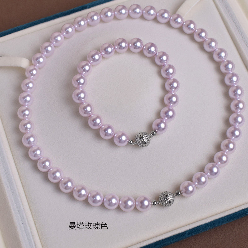 锆石磁吸扣简约珍珠项链手链套装 时尚简便佩戴颈链深海贝珠 生日礼物