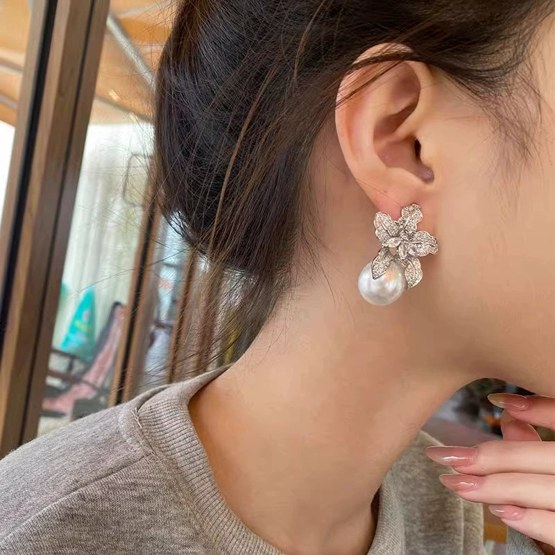 French Light Luxury Full Diamond Zircon Flower Pearl Earrings for Women | Retro Exquisite Design | High-End Earrings