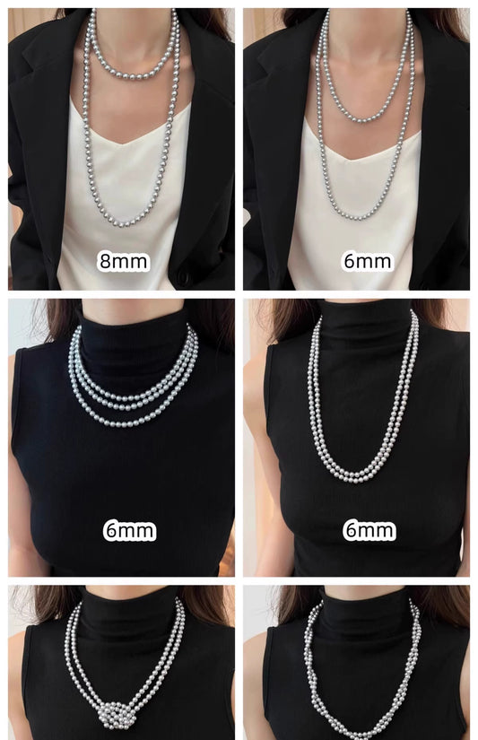 10mm Gray Pearl Necklace – Women’s Long Pearl Sweater Chain, Layered Stackable Neck Chain Accessory