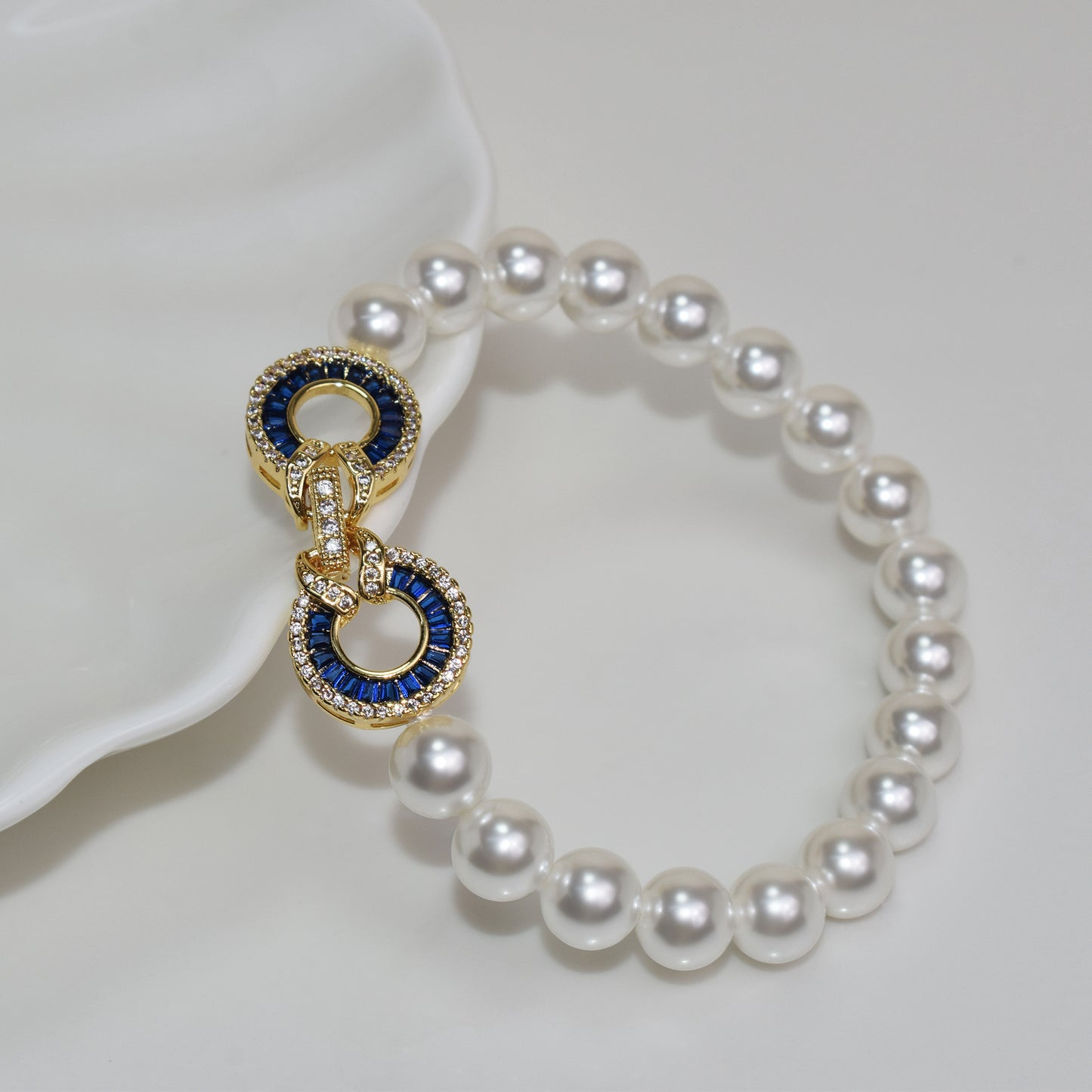 Premium T square blue zircon link tower buckle pearl necklace bracelet set sweater chain fashionable and atmospheric collarbone chain