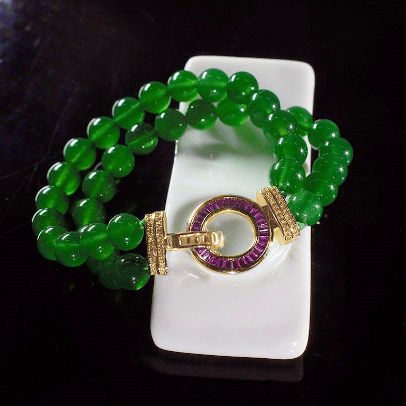 Natural Green Chalcedony Bead Necklace & Bracelet Set – Minimalist Luxury Layered Jewelry for Women