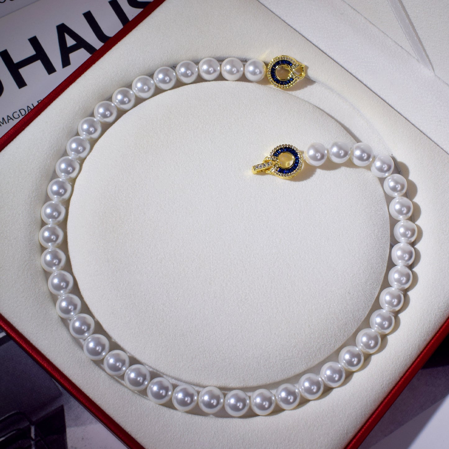 Premium T square blue zircon link tower buckle pearl necklace bracelet set sweater chain fashionable and atmospheric collarbone chain