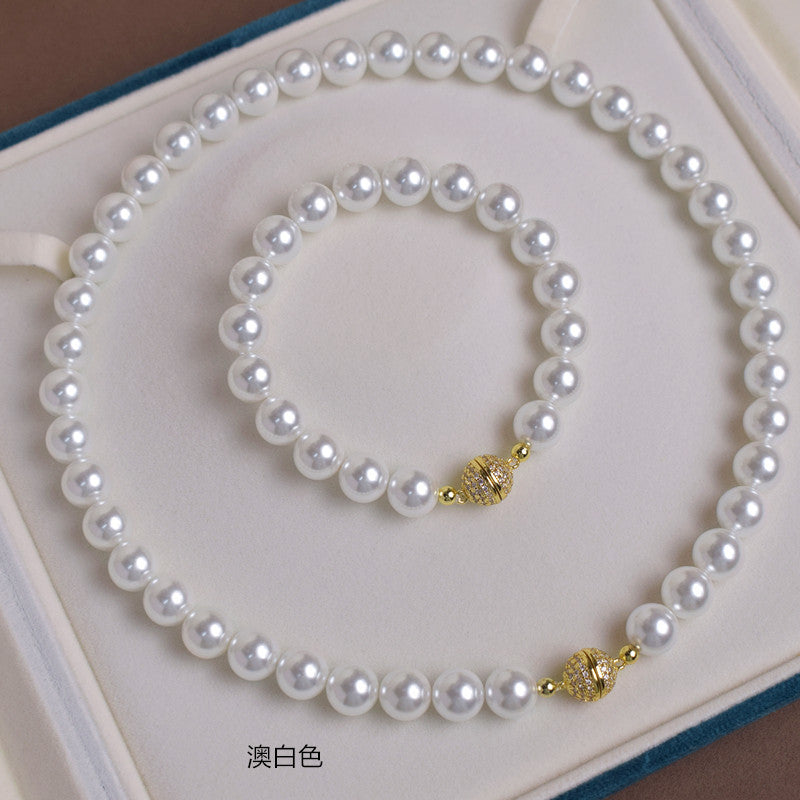 锆石磁吸扣简约珍珠项链手链套装 时尚简便佩戴颈链深海贝珠 生日礼物