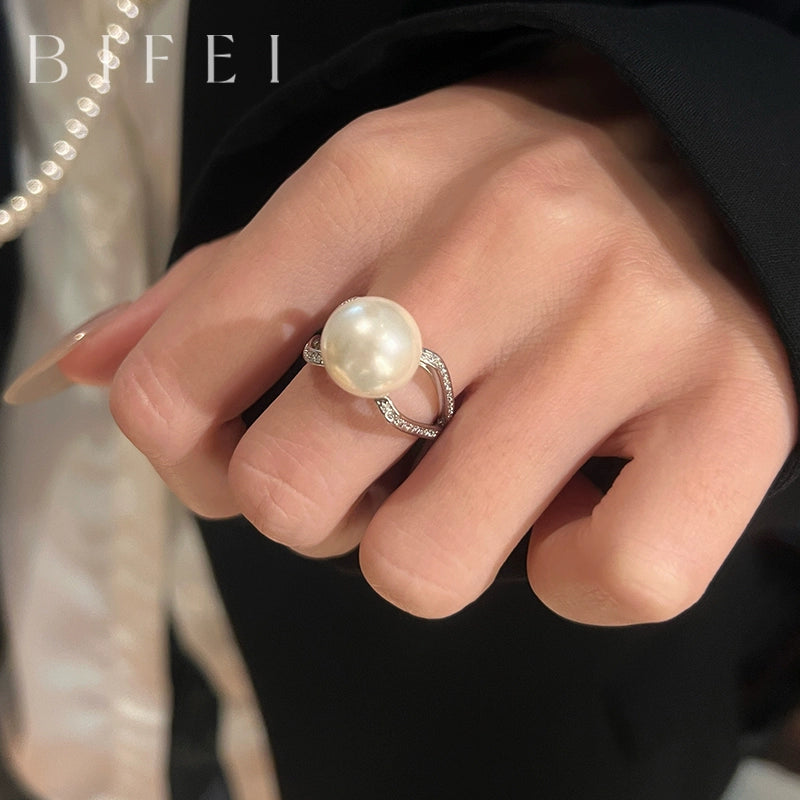 Luxury Style Version  Pearl & Zircon Open Ring – Women’s Adjustable High-End Diamond-Set Jewelry