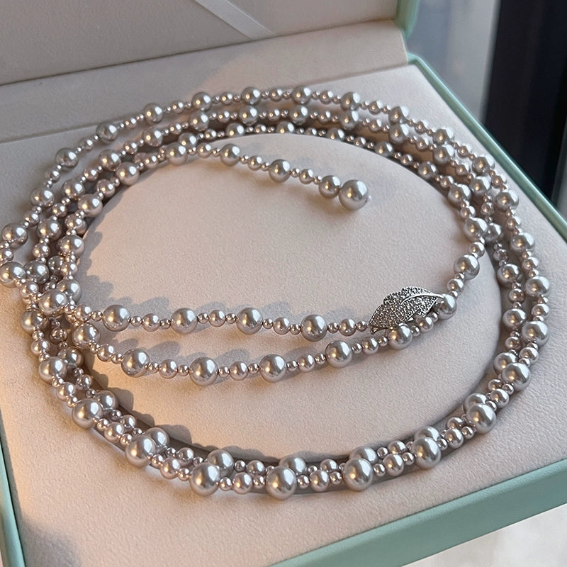 160cm Silver Leaf Pearl Necklace – Silver-Gray Long Sweater Chain, French Hepburn Style